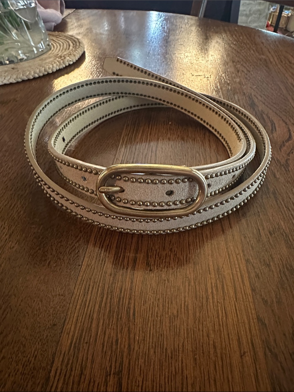 Banana Republic Ivory Studded Leather Belt with Brass Oval Buckle